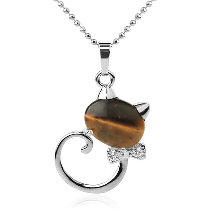 CSJA Animal Pendant Necklaces Natural Stone Cat Head Bow-knot Zircon CZ Silver Color Pendants Trendy Jewelry for Women Girl G538