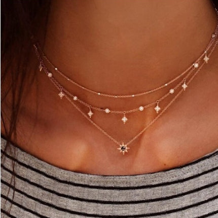Bls-miracle Multilayer Necklace for Women Long Chain Turkish Eye Pendant Necklaces Trendy Crystal Star Water droplets Necklaces