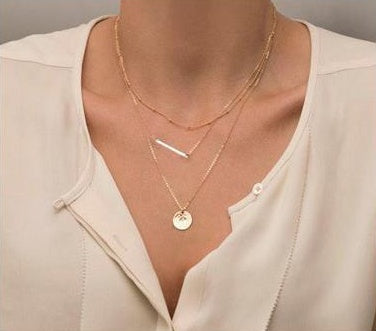 AliExpress jewelry European and American fashion style geometric metal sequins multilayer short necklace chain necklace body chain